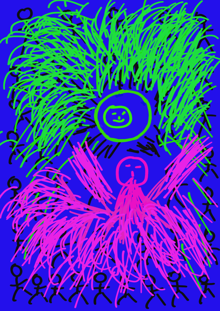 Ce dessin explose comme une scène intérieure mise à nu.
Sur un fond bleu intense, presque électrique, deux grandes forces se font face : en haut, une masse verte vive, dense, nerveuse, qui semble pousser comme une végétation sonore ; en bas, une énergie rose fuchsia, plus chaotique, plus corporelle, qui jaillit autour d’un personnage central.
Les traits noirs, simples et répétés, forment une foule de petites silhouettes autour de la scène. Elles donnent l’impression d’un public, d’un monde extérieur, ou de présences qui observent sans vraiment intervenir. Au centre, deux visages apparaissent : l’un vert, rond, souriant, presque protecteur ; l’autre rose, plus inquiet, plus fragile, comme pris dans un mouvement trop grand pour lui.
L’ensemble donne une impression de débordement : les couleurs ne restent pas sages, elles traversent, envahissent, recouvrent. Le vert semble venir d’en haut comme une force vivante, tandis que le rose monte du bas comme une émotion brute. Le dessin raconte une tension entre joie, agitation, regard des autres et besoin d’exister.
C’est une image très instinctive, directe, presque enfantine dans le geste, mais puissante dans son contraste. Elle transforme le désordre en énergie visuelle.