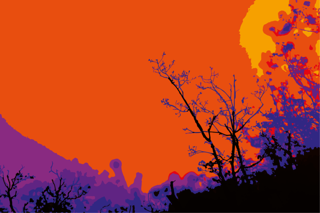 Cette œuvre met en tension la violence de la couleur et la fragilité du vivant. Le ciel, saturé d’un orange incandescent, envahit presque toute la surface et transforme le paysage en espace de combustion visuelle. Dans cette lumière extrême, les arbres apparaissent en silhouettes sombres, nerveuses, presque calligraphiques, comme s’ils résistaient à l’embrasement du monde.
Les masses violettes et pourpres qui structurent les reliefs installent une profondeur étrange, à la fois terrestre et irréelle. Le contraste entre les aplats colorés et le dessin plus incisif des branches donne à l’image une intensité expressive forte. Le paysage n’est plus seulement observé : il est transfiguré, poussé vers une dimension émotionnelle et symbolique.
L’arbre central, dressé dans l’espace, devient une présence essentielle. Il agit comme une figure de tension, de solitude et de persistance. L’œuvre évoque ainsi une nature traversée par des forces contraires — éclat, résistance, disparition — et donne au paysage la puissance d’une vision intérieure.