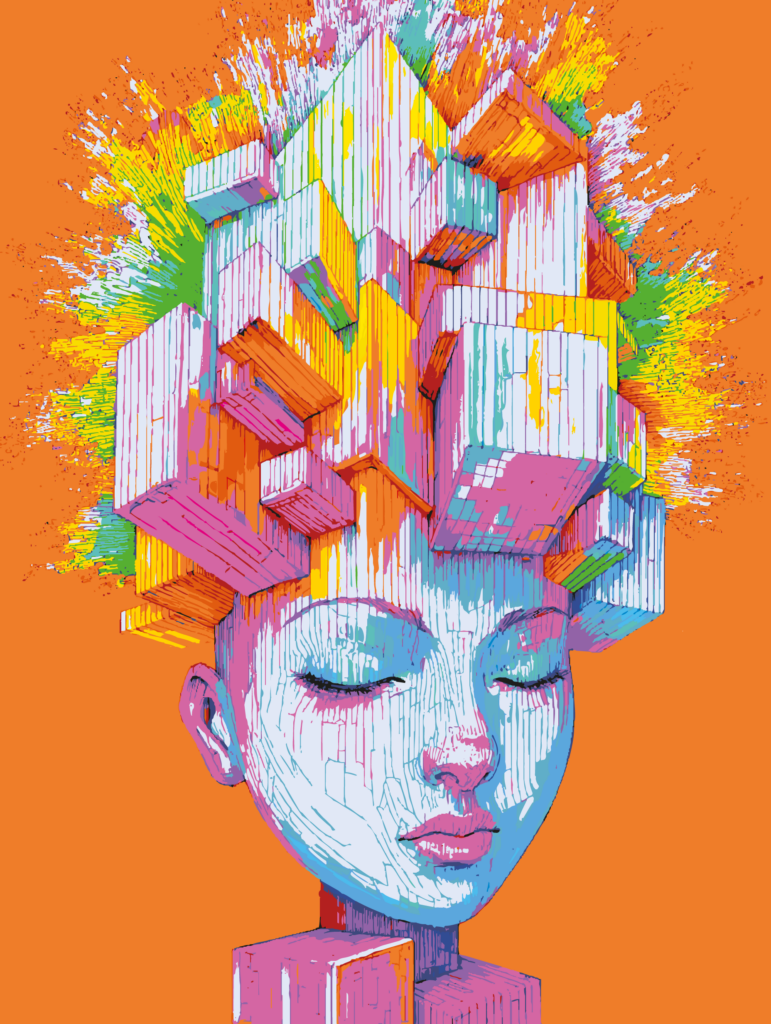 Les yeux fermés, le visage semble suspendu dans un instant de calme, tandis qu’au-dessus de lui s’élève une architecture foisonnante faite de volumes, de couleurs et de fragments imbriqués.

Cette construction évoque un paysage mental : un espace intérieur complexe, vivant, parfois difficile à ordonner. Les formes s’empilent, se croisent et se prolongent comme autant de pensées, de souvenirs, d’émotions ou de perceptions qui cherchent leur place.

Le contraste entre la sérénité du visage et l’explosion chromatique qui le surplombe crée une tension particulière. À l’extérieur, tout paraît immobile ; à l’intérieur, au contraire, tout semble en mouvement. Les jaunes, roses, bleus, verts et oranges transforment cette activité mentale en une matière presque architecturale.

Architecture intérieure donne ainsi une forme visible à ce qui ne l’est habituellement pas. L’œuvre ne représente pas simplement un visage, mais l’espace qui existe derrière lui : un territoire intime fait d’accumulations, de connexions, de désordre et de construction permanente.

Entre portrait, abstraction et imaginaire urbain, elle évoque la richesse d’un monde intérieur qui ne peut être résumé à ce que le regard extérieur en perçoit.