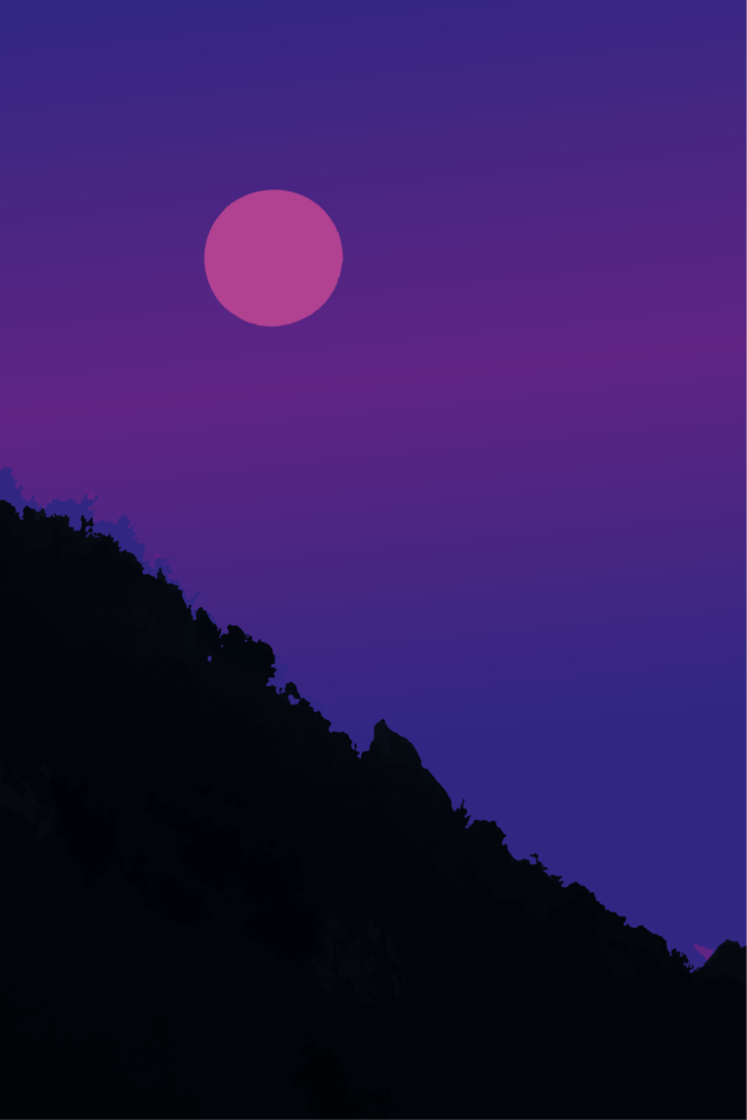 Cette œuvre repose sur une économie radicale de formes et de couleurs. Une masse sombre, presque entièrement absorbée par le noir, traverse la composition en diagonale et impose une présence dense face à l’immensité du ciel violet.
Au-dessus, un disque rose flotte dans l’espace avec une simplicité presque absolue. L’astre ne cherche pas à éclairer le paysage : il semble au contraire s’en détacher, suspendu dans une atmosphère silencieuse. Cette relation entre la forme circulaire et la silhouette irrégulière du relief crée une tension entre géométrie et matière, distance et proximité.
La grande surface laissée au ciel donne à l’image une dimension contemplative. Le vide devient une composante essentielle de la composition, laissant respirer la couleur et accentuant la sensation d’isolement.
Entre paysage et abstraction, l’œuvre transforme une scène naturelle en expérience visuelle minimale. Elle évoque moins un lieu précis qu’un instant de suspension, lorsque la lumière s’efface et que seules demeurent quelques présences essentielles.