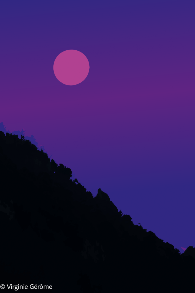 Cette œuvre repose sur une économie radicale de formes et de couleurs. Une masse sombre, presque entièrement absorbée par le noir, traverse la composition en diagonale et impose une présence dense face à l’immensité du ciel violet.

Au-dessus, un disque rose flotte dans l’espace avec une simplicité presque absolue. L’astre ne cherche pas à éclairer le paysage : il semble au contraire s’en détacher, suspendu dans une atmosphère silencieuse. Cette relation entre la forme circulaire et la silhouette irrégulière du relief crée une tension entre géométrie et matière, distance et proximité.

La grande surface laissée au ciel donne à l’image une dimension contemplative. Le vide devient une composante essentielle de la composition, laissant respirer la couleur et accentuant la sensation d’isolement.

Entre paysage et abstraction, l’œuvre transforme une scène naturelle en expérience visuelle minimale. Elle évoque moins un lieu précis qu’un instant de suspension, lorsque la lumière s’efface et que seules demeurent quelques présences essentielles.