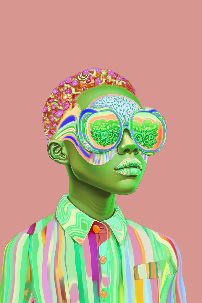 Cette œuvre propose un portrait psychédélique aux accents pop et surréalistes, dans lequel la couleur ne se contente plus de transformer le réel : elle semble ouvrir l’accès à une autre manière de le percevoir.

Le personnage se détache sur un fond rose poudré, volontairement calme et uniforme. Cette sobriété contraste avec l’exubérance du portrait. La peau verte, les vêtements multicolores et la coiffure foisonnante construisent une figure qui paraît appartenir à un univers parallèle, régi par ses propres codes chromatiques.

Les lunettes monumentales constituent le centre symbolique de l’image. Elles occupent une grande partie du visage et transforment le regard en territoire imaginaire. Les motifs verts visibles dans les verres évoquent autant des formes végétales que des cellules, des paysages microscopiques ou des visions intérieures. Les lunettes ne semblent donc pas seulement permettre de voir : elles suggèrent une autre perception du monde.

La coiffure poursuit cette exploration. Ses motifs floraux, ses ondulations et ses couleurs chaudes forment presque une couronne organique, tandis que les lignes colorées qui traversent le visage prolongent visuellement cette fusion entre l'humain, le végétal et l'abstraction.

Le vêtement rayé apporte une structure plus géométrique. Pourtant, ses couleurs pastel et ses lignes légèrement mouvantes empêchent toute rigidité. Le personnage se situe ainsi à la frontière entre portrait, mode imaginaire et créature graphique.

L’expression reste calme et assurée. Comme dans l’œuvre précédente, cette tranquillité contraste avec l’extravagance de l’apparence. Le personnage ne semble pas surpris par cet univers : il lui appartient.

L’œuvre peut ainsi être interprétée comme une réflexion sur le regard et l’identité : ce que nous voyons dépend aussi de la manière dont nous choisissons de regarder.