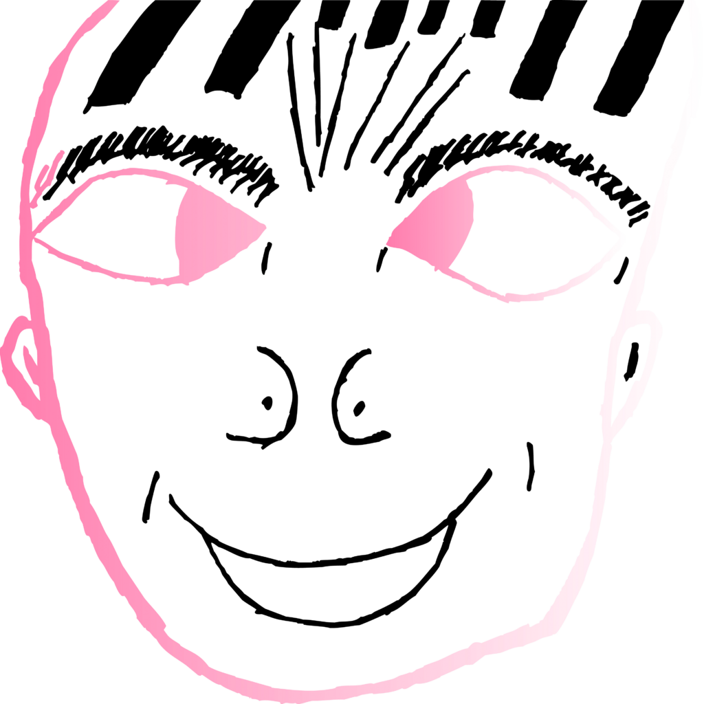 Un visage occupe presque tout l’espace. Le dessin est direct, frontal, réduit à quelques lignes noires et roses. Le sourire est immédiatement visible, presque évident. Pourtant, le regard introduit une autre lecture : quelque chose demeure ailleurs, légèrement décalé de l’expression affichée.

Le contraste entre le sourire largement dessiné et les yeux orientés vers le côté crée une tension discrète. Le visage semble présenter une émotion tout en en laissant deviner une autre. Ce qui est montré et ce qui est ressenti ne coïncident pas nécessairement.

Le rose apporte une douceur apparente, tandis que les traits noirs structurent fortement le visage. Cette opposition donne au dessin une dimension à la fois légère et ambiguë. La simplicité graphique permet ainsi de concentrer toute l’attention sur l’expression et sur ce qu’elle ne dit pas.

Dans le contexte de la série À défaut de mots, cette œuvre interroge particulièrement la manière dont le visage peut devenir lui-même un langage. Sourire peut signifier être heureux, mais aussi rassurer, s’adapter, éviter d’expliquer ou simplement présenter aux autres ce qu’ils s’attendent à voir.

Le dessin laisse volontairement cette ambiguïté ouverte. Derrière l’expression lisible demeure un espace intérieur auquel le spectateur n’a pas directement accès.