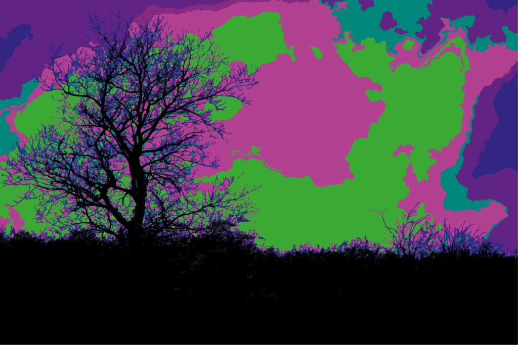 Correspondance met en tension deux présences qui semblent se reconnaître sans jamais se rejoindre.

À gauche, l’arbre impose une silhouette dense, presque graphique. Face à lui, une forme indéterminée apparaît comme une réponse, une manifestation parallèle, ni végétale ni véritablement identifiable.

L’espace entre les deux devient alors essentiel. Il ne sépare pas : il relie. La composition repose sur cette relation silencieuse, construite par les masses, les couleurs et l’opposition des formes.

Les teintes franches détachent l’image du paysage réel et installent l’œuvre dans un registre pleinement fantastique. Le monde représenté ne cherche plus à imiter la nature : il semble produire ses propres présences, ses propres signes et ses propres échanges.

Correspondance évoque ainsi une communication sans langage, où deux formes distinctes semblent exister l’une par rapport à l’autre.