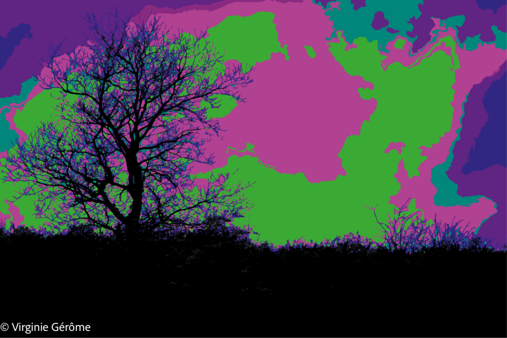 Correspondance met en tension deux présences qui semblent se reconnaître sans jamais se rejoindre.

À gauche, l’arbre impose une silhouette dense, presque graphique. Face à lui, une forme indéterminée apparaît comme une réponse, une manifestation parallèle, ni végétale ni véritablement identifiable.

L’espace entre les deux devient alors essentiel. Il ne sépare pas : il relie. La composition repose sur cette relation silencieuse, construite par les masses, les couleurs et l’opposition des formes.

Les teintes franches détachent l’image du paysage réel et installent l’œuvre dans un registre pleinement fantastique. Le monde représenté ne cherche plus à imiter la nature : il semble produire ses propres présences, ses propres signes et ses propres échanges.

Correspondance évoque ainsi une communication sans langage, où deux formes distinctes semblent exister l’une par rapport à l’autre.