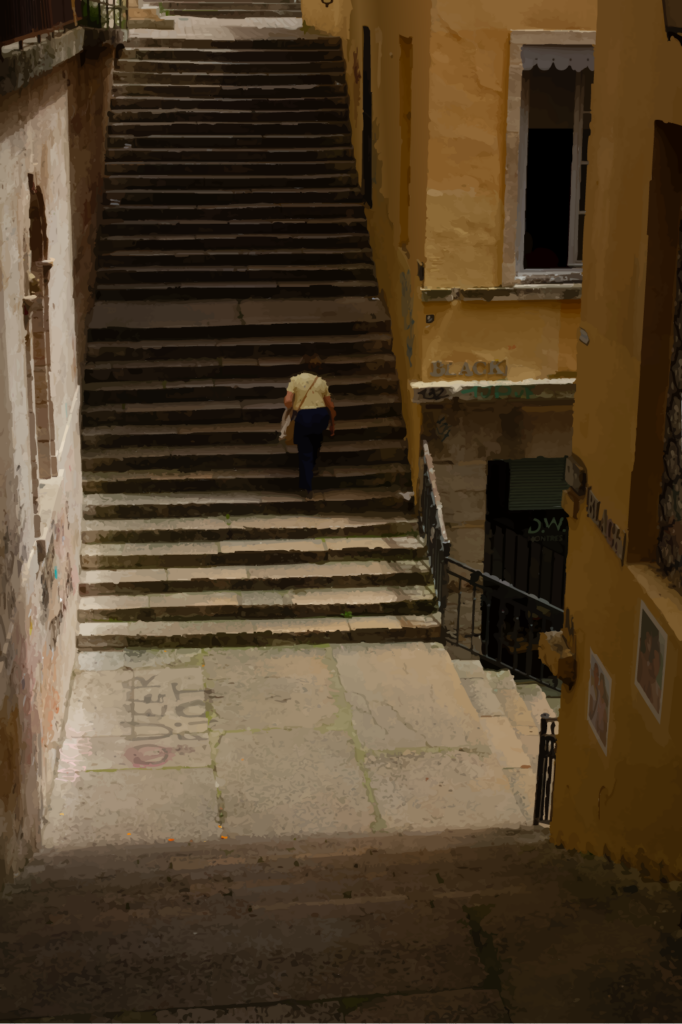 Cette œuvre construit une tension entre présence humaine, architecture et perception.

La silhouette, réduite à une échelle presque minimale, s’inscrit dans un espace dominé par la répétition des marches, les lignes verticales et les masses colorées. L’escalier cesse d’être un simple élément urbain pour devenir une structure qui organise autant le déplacement du corps que celui du regard.

Le traitement de l’image simplifie les détails au profit de surfaces, de contrastes et de densités chromatiques. Les ocres, les bruns et les zones d’ombre composent un espace dans lequel la figure humaine devient à la fois point de repère et point de fuite.

Le regard est ainsi conduit à travers l’architecture, suivant une présence qui s’éloigne tout en donnant sa mesure au lieu. La scène ne raconte pas seulement un déplacement : elle interroge la manière dont une présence transforme notre perception de l’espace.

Comme dans l’ensemble de la série Présences du regard, regarder devient ici une manière de se situer : face à un être, au cœur d’un environnement, ou dans la distance qui les sépare.