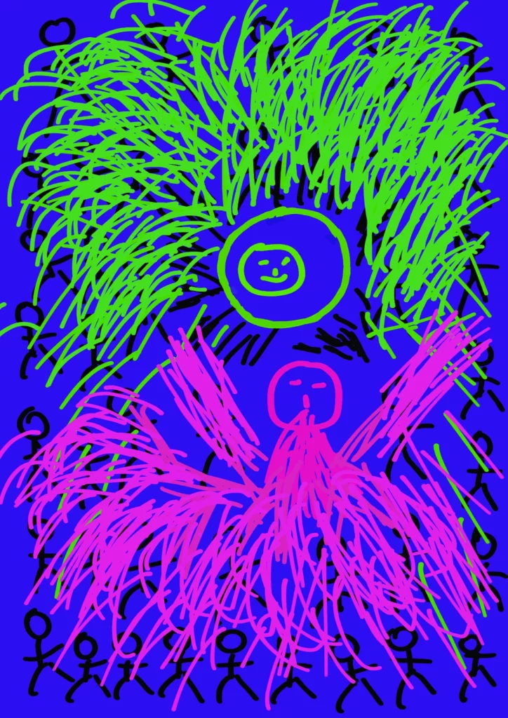Cette œuvre met en scène une opposition très forte entre deux mouvements colorés. Dans la partie supérieure, le vert jaillit en longues lignes nerveuses et foisonnantes, comme une végétation en pleine expansion. Au centre, une figure circulaire souriante semble émerger de cette masse, portée par une énergie collective.

À l’inverse, la partie inférieure est dominée par un rose fluorescent qui se déploie en formes plus larges, presque ailées, autour d’un personnage central au visage fermé. Une multitude de petites silhouettes noires peuple l’arrière-plan, créant l’impression d’une foule, d’un environnement social ou d’un monde qui observe.

Le dessin conserve volontairement la spontanéité du geste : lignes rapides, superpositions, contours irréguliers et silhouettes élémentaires. Cette apparente simplicité rappelle le dessin instinctif réalisé sur papier, tandis que la saturation extrême du bleu, du vert et du rose renvoie directement à l’univers numérique et à la lumière de l’écran.

Dans « Entre papier et écran », l’œuvre devient ainsi un espace de confrontation entre le geste manuel et la couleur numérique, entre l’individu et le groupe, entre expansion et enfermement. Les tracés débordent, s’entrecroisent et occupent presque toute la surface, comme si les émotions refusaient de rester contenues à l'intérieur du cadre.