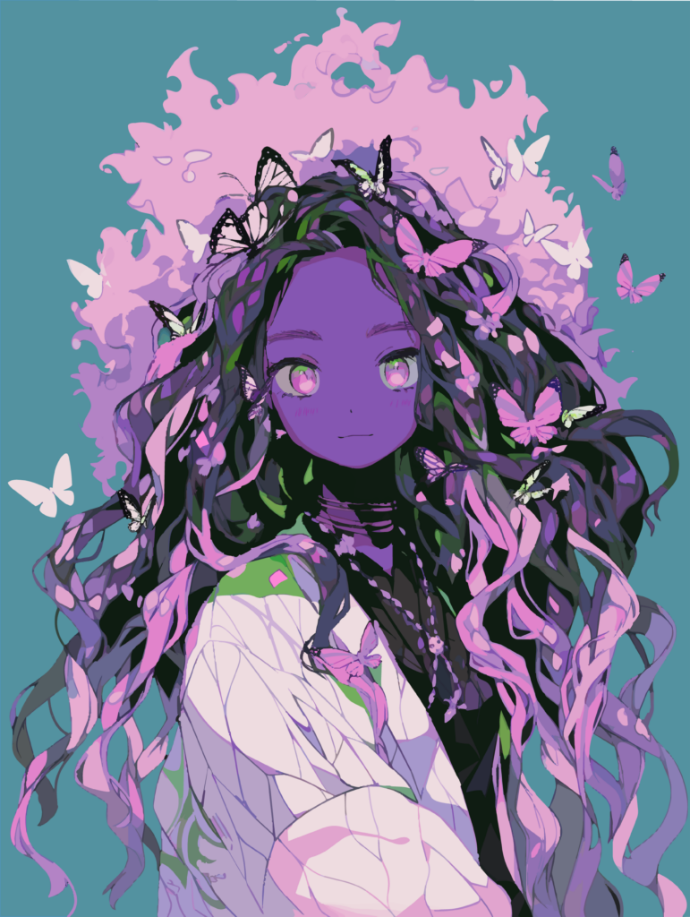 Cette œuvre déploie une présence à la fois douce, mystérieuse et onirique. Le personnage, traité dans un style proche de l’illustration anime, semble émerger d’un univers de papillons, de fleurs et de lianes colorées. Son visage violet, ses grands yeux lumineux et son expression calme lui donnent une apparence presque irréelle, comme une figure née d’un rêve ou d’un monde intérieur.

La palette repose sur un dialogue très harmonieux entre les violets, les roses, les noirs profonds et le bleu-vert du fond. Ces couleurs créent une atmosphère à la fois délicate et intense. Le contraste entre le fond uni et la chevelure foisonnante accentue la sensation d’éclosion : tout semble rayonner autour du personnage, comme si sa pensée ou son énergie prenait la forme de fleurs et de papillons.

Les papillons, dispersés dans les cheveux et autour de la silhouette, renforcent l’idée de métamorphose, de légèreté et de transformation. La chevelure elle-même devient presque végétale, traversée de mèches sinueuses qui rappellent des branches, des pétales ou des rubans vivants. Le vêtement, plus clair, apporte un équilibre visuel et laisse toute la force expressive se concentrer sur le visage et l’auréole florale.

Floraison nocturne évoque ainsi une beauté intérieure qui s’éveille dans le silence, entre imaginaire, nature et transformation poétique.