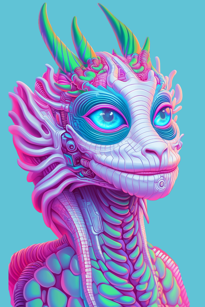 Cette œuvre introduit une évolution importante dans la série : la figure humaine disparaît au profit d’une créature fantastique, mais les thèmes de la perception, de l’identité et de la transformation demeurent.

Le personnage évoque un dragon hybride, organique et mécanique, représenté comme un véritable portrait. Son attitude calme et son cadrage rapproché lui donnent presque la présence d'un individu posant devant le spectateur plutôt que celle d'une créature menaçante.

Le regard constitue immédiatement le centre de l’œuvre. Les immenses yeux turquoise, extrêmement lumineux, contrastent avec la complexité du visage. Ils apportent une forme de douceur et de curiosité à une créature dont l'apparence pourrait autrement sembler intimidante. Ici, l'étrange n'est pas présenté comme inquiétant : il devient sensible, vivant et presque familier.

La tête est construite par une accumulation spectaculaire de plaques, stries, écailles, cornes et ramifications. Certaines formes évoquent une anatomie animale, tandis que d'autres rappellent des circuits, des articulations mécaniques ou les composants d'une machine futuriste. La frontière entre créature naturelle et organisme artificiel devient volontairement impossible à déterminer.

Les grandes cornes multicolores prolongent cette hybridation. Leurs dégradés de vert, turquoise, violet et orange leur donnent une apparence presque minérale. Elles émergent d'une profusion de formes roses et violettes qui transforme la tête en une véritable architecture organique.

Le cou et le torse poursuivent cette construction par couches successives. Les motifs verts ressemblent tantôt à des écailles, tantôt à des muscles ou à une armure biologique. Les lignes verticales plus techniques évoquent au contraire des câbles ou des structures mécaniques. Le personnage semble avoir été construit autant qu'il aurait pu naître.

La palette dominée par le rose, le violet, le cyan et le vert fluorescent éloigne définitivement le dragon de l'imaginaire médiéval traditionnel. Il appartient davantage à un monde psychédélique, biomécanique et rétrofuturiste.

Le fond bleu parfaitement uniforme joue alors un rôle essentiel : face à une créature extrêmement complexe, il apporte le silence visuel nécessaire pour que chaque détail puisse exister.
