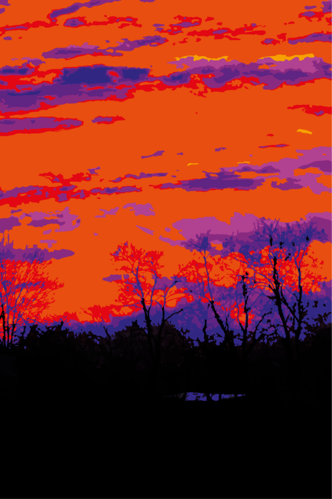 Cette œuvre transforme le paysage en une vision presque irréelle, où le ciel semble devenir matière.
L’orange incandescent domine la composition et impose une sensation de chaleur, presque de combustion. Les nuages, fragmentés en masses rouges, violettes et jaunes, ne paraissent plus flotter dans l’espace : ils traversent le ciel comme des strates mouvantes, donnant à l’atmosphère une densité inhabituelle.
Dans la partie inférieure, les arbres se découpent en silhouettes sombres. Leur présence forme une frontière nette entre la terre et cette immense étendue lumineuse. Les noirs profonds du premier plan accentuent encore la puissance chromatique du ciel et installent une tension entre obscurité et lumière, immobilité et mouvement.
Le traitement en aplats et la simplification des formes éloignent volontairement l’image du paysage photographique traditionnel. La scène devient davantage une interprétation qu’une représentation : un paysage intérieur, exacerbé par la couleur, dans lequel la nature semble traversée par une énergie presque primitive.
L’œuvre ne montre pas simplement un coucher de soleil. Elle donne l’impression d’un ciel en transformation, comme si quelque chose brûlait silencieusement au-dessus du monde.