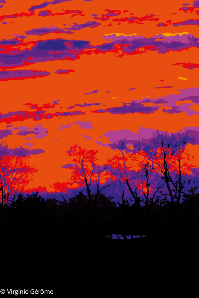 Cette œuvre transforme le paysage en une vision presque irréelle, où le ciel semble devenir matière.

L’orange incandescent domine la composition et impose une sensation de chaleur, presque de combustion. Les nuages, fragmentés en masses rouges, violettes et jaunes, ne paraissent plus flotter dans l’espace : ils traversent le ciel comme des strates mouvantes, donnant à l’atmosphère une densité inhabituelle.

Dans la partie inférieure, les arbres se découpent en silhouettes sombres. Leur présence forme une frontière nette entre la terre et cette immense étendue lumineuse. Les noirs profonds du premier plan accentuent encore la puissance chromatique du ciel et installent une tension entre obscurité et lumière, immobilité et mouvement.

Le traitement en aplats et la simplification des formes éloignent volontairement l’image du paysage photographique traditionnel. La scène devient davantage une interprétation qu’une représentation : un paysage intérieur, exacerbé par la couleur, dans lequel la nature semble traversée par une énergie presque primitive.

L’œuvre ne montre pas simplement un coucher de soleil. Elle donne l’impression d’un ciel en transformation, comme si quelque chose brûlait silencieusement au-dessus du monde.