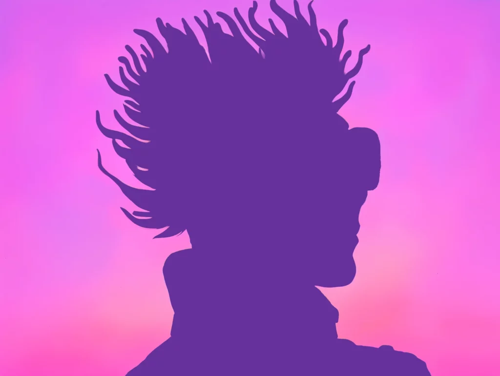 Cette œuvre marque une rupture intéressante avec les portraits précédents de la galerie. Ici, la couleur ne révèle plus les détails du personnage : elle les efface pour ne conserver que sa présence.

La figure apparaît entièrement en violet profond, découpée sur un fond lumineux oscillant entre rose, fuchsia et mauve. Cette opposition très franche transforme le portrait en signe graphique, presque en emblème. Le visage n’a plus besoin d’yeux, d’expression ou de texture pour exister : son profil suffit à lui donner une identité.

La coiffure constitue l’élément le plus spectaculaire de la composition. Ses mèches dressées, irrégulières et presque organiques donnent une impression de mouvement permanent. Elles évoquent immédiatement une esthétique punk, mais peuvent également rappeler des flammes, des branches ou une matière poussée par une énergie invisible.

Le profil tourné vers la droite apporte au personnage une attitude déterminée. L’absence de détails laisse cependant son expression ouverte à l’interprétation : qui est cette personne, que regarde-t-elle, que pense-t-elle ? Le spectateur doit construire lui-même ce que la silhouette refuse de révéler.

Le fond, au contraire, agit comme une véritable lumière. Son dégradé rose enveloppe la silhouette et crée une sorte d’aura chromatique. L’image fonctionne alors presque à l’inverse des autres portraits de la série : ailleurs, l’identité naît de l’accumulation des couleurs et des motifs ; ici, elle apparaît par soustraction.
