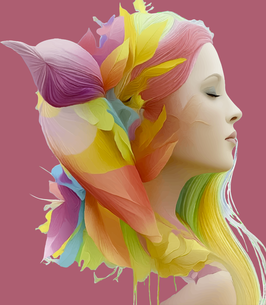 Cette œuvre présente une figure féminine dont le visage semble émerger d’un vaste déploiement de pétales, de feuilles et de formes végétales. La frontière entre le corps et la nature devient presque imperceptible : les cheveux se transforment en feuillage, les volumes floraux prolongent la silhouette et composent autour du visage une véritable architecture organique.

La palette est particulièrement lumineuse. Les jaunes, roses, orangés, verts et violets se superposent dans une harmonie douce mais très expressive. Le fond rose soutenu isole la figure et renforce la sensation d’un monde intérieur rendu visible par la couleur.

Les yeux fermés donnent au personnage une attitude calme et introspective. Elle semble moins représentée dans un instant précis que plongée dans un état de transformation intérieure. Les formes qui l’entourent peuvent alors être perçues comme la matérialisation de ses émotions, de ses pensées ou de son énergie.

La composition joue aussi sur un contraste intéressant entre la douceur du visage et l’exubérance des éléments qui l’enveloppent. Le portrait reste paisible tandis que la couleur se déploie autour de lui avec intensité. Cette opposition crée l’impression d’une force intérieure contenue, silencieuse, mais profondément vivante.

L’Âme en floraison évoque ainsi un épanouissement intime : quelque chose de personnel et d’invisible prend forme, grandit et finit par se transformer en matière, en mouvement et en couleur.