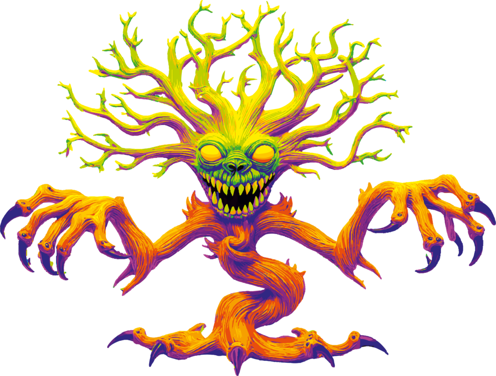 Cette œuvre met en scène une créature hybride, à mi-chemin entre l’arbre, l’animal fantastique et la figure monstrueuse. Son corps torsadé semble jaillir d’une matière vivante en mutation, tandis que ses branches déployées forment une sorte de couronne organique, presque solaire, qui amplifie sa présence. Son visage aux yeux incandescents et à la gueule béante impose une expression à la fois menaçante, théâtrale et fascinante.
La force de l’image repose aussi sur sa palette extrêmement vibrante : jaunes acides, oranges brûlants, violets profonds et verts électriques se répondent avec intensité. Ces couleurs donnent à la créature une énergie presque hallucinée, comme si elle était traversée d’une vitalité brute et irrépressible. Le fond blanc renforce encore davantage cette présence en isolant totalement la figure, sans décor ni distraction, comme un surgissement pur de l’imaginaire.
Entre nature déformée et apparition fantastique, l’œuvre évoque un vivant devenu étrange, libre et indomptable. Elle joue sur l’ambivalence entre peur et attraction, transformant l’arbre en entité expressive, presque mythologique.
