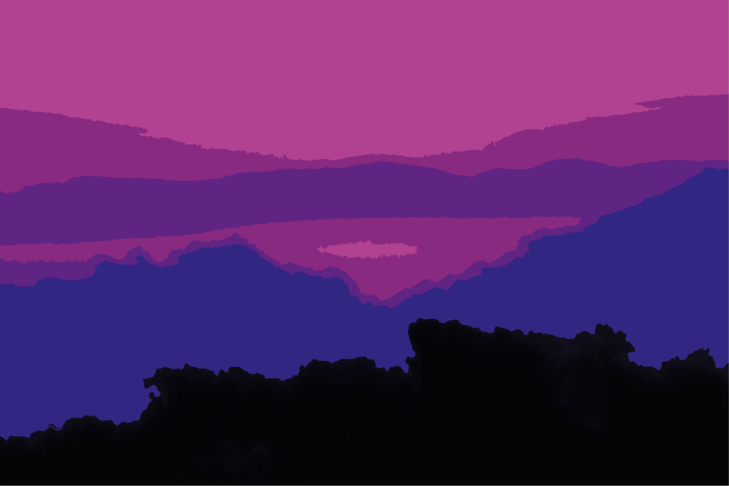 Cette œuvre déploie un paysage réduit à l’essentiel, où la couleur devient le véritable sujet. Les reliefs s’organisent en strates successives, comme des nappes de silence, et installent une profondeur douce, presque méditative. Les tons violets, mauves et roses transforment la scène en espace suspendu, entre apparition et effacement.
La composition repose sur une grande simplicité formelle : des bandes de lumière, des lignes d’horizon, une masse sombre au premier plan. Pourtant, cette épure donne au paysage une force intérieure. Le regard circule entre les plans colorés comme dans une respiration lente, attiré vers cette zone claire au centre, discrète mais lumineuse, qui agit comme un point de suspension.
L’œuvre oscille ainsi entre paysage réel et sensation intérieure. Elle ne cherche pas à décrire un lieu précis, mais à faire émerger une atmosphère : celle d’un monde calme, presque immobile, où la lumière semble retenir le temps.