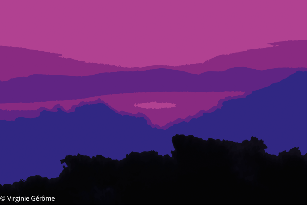 Cette œuvre déploie un paysage réduit à l’essentiel, où la couleur devient le véritable sujet. Les reliefs s’organisent en strates successives, comme des nappes de silence, et installent une profondeur douce, presque méditative. Les tons violets, mauves et roses transforment la scène en espace suspendu, entre apparition et effacement.

La composition repose sur une grande simplicité formelle : des bandes de lumière, des lignes d’horizon, une masse sombre au premier plan. Pourtant, cette épure donne au paysage une force intérieure. Le regard circule entre les plans colorés comme dans une respiration lente, attiré vers cette zone claire au centre, discrète mais lumineuse, qui agit comme un point de suspension.

L’œuvre oscille ainsi entre paysage réel et sensation intérieure. Elle ne cherche pas à décrire un lieu précis, mais à faire émerger une atmosphère : celle d