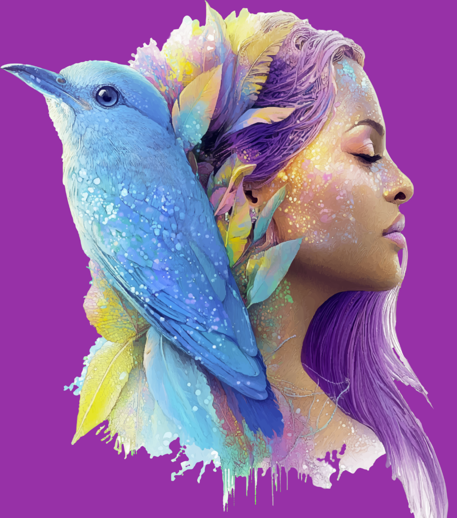 Cette œuvre met en scène une fusion intime entre la figure humaine, l’oiseau et le végétal. Le visage féminin, présenté de profil et les yeux clos, semble plongé dans un état d’écoute intérieure, tandis que l’oiseau bleu occupe presque autant d’espace qu’elle. Aucun des deux sujets ne domine réellement l’autre : ils apparaissent comme deux présences complémentaires réunies dans un même souffle.

Les couleurs jouent un rôle central. Le bleu intense de l’oiseau dialogue avec les violets de la chevelure, tandis que des touches jaunes, turquoise, roses et vertes traversent les feuilles et la peau. Le fond violet uniforme accentue cette profusion chromatique et donne à la composition une dimension presque irréelle.

Les éléments naturels semblent se mêler directement aux cheveux et au visage. Feuilles, plumes, lumière et matière deviennent difficiles à distinguer les uns des autres. Cette continuité visuelle suggère une transformation : l’être humain ne se contente plus d’être entouré par la nature, il semble appartenir au même organisme vivant.

Les yeux fermés renforcent l’idée d’introspection et de calme. À côté, l’oiseau regarde vers l’extérieur. Cette opposition crée un équilibre intéressant : l’un observe le monde tandis que l’autre se tourne vers son monde intérieur.

Les petites touches lumineuses dispersées sur la peau et le plumage donnent enfin à l’ensemble une impression de vibration, presque de poussière lumineuse. La matière paraît vivante et en mouvement malgré l’immobilité des deux figures.

Le Chant silencieux évoque ainsi une communication qui ne passe ni par les mots ni par le regard, mais par la proximité, la couleur et une forme de connexion instinctive entre l’humain et le vivant.