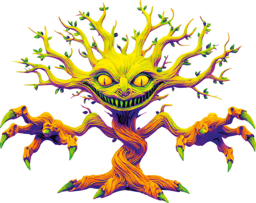 Cette œuvre fait surgir une créature-arbre à la présence aussi fascinante qu’inquiétante. Son tronc torsadé se transforme en corps, ses branches deviennent une chevelure démesurée et ses racines se prolongent en membres griffus. Au centre, un visage aux yeux lumineux et au sourire acéré impose une présence presque théâtrale.
La palette extrêmement vive — jaune électrique, orange incandescent, vert acide, violet et rose — détourne cependant l’image du registre purement sombre. La créature semble animée par une énergie intérieure qui circule dans chaque branche, chaque racine et chaque ligne colorée. Les contrastes puissants donnent au personnage une apparence presque fluorescente, comme s’il émergeait d’un monde parallèle.
Entre végétal et être fantastique, Le Gardien des Racines brouille volontairement les frontières du vivant. L’arbre n’est plus un simple élément naturel : il observe, sourit, menace peut-être, mais semble également protéger ce qui appartient à son territoire.
L’œuvre évoque ainsi une nature devenue consciente, indomptable et profondément singulière. Une présence à la fois monstrueuse, ludique et presque mythologique, où l’étrangeté devient une forme de vitalité.