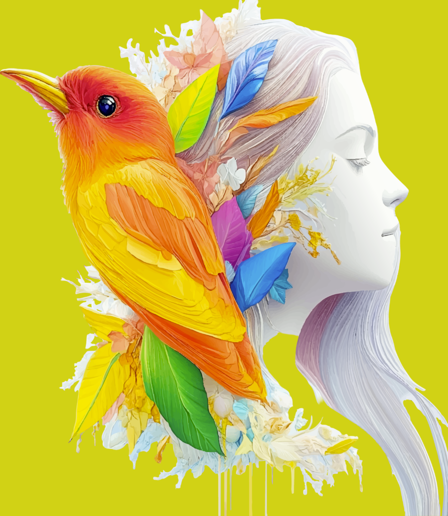 Cette œuvre met en scène une rencontre silencieuse entre l’humain et la nature. Le profil féminin, presque sculptural, apparaît dans une blancheur douce et immobile, tandis qu’un oiseau aux couleurs flamboyantes occupe le premier plan. Entre les deux, fleurs, feuilles et formes végétales composent un passage organique, comme si leurs univers se rejoignaient.

Le contraste chromatique structure toute l’image. Les jaunes, oranges, rouges, verts et bleus de l’oiseau et du feuillage s’opposent à la pâleur du visage, sans jamais rompre l’harmonie générale. Le fond jaune vif accentue encore cette sensation de lumière et donne à l’ensemble une énergie solaire.

Les yeux clos du personnage suggèrent l’intériorité, l’écoute et l’apaisement. L’oiseau, au contraire, incarne le mouvement, la liberté et l’élan vital. Leur proximité crée une forme de dialogue sans paroles : l’être humain ne contemple plus simplement la nature, il semble la ressentir et se fondre en elle.

Les éléments végétaux qui traversent les cheveux et entourent le visage renforcent cette idée de fusion. Ils deviennent presque une extension de la pensée, comme si le monde intérieur du personnage prenait la forme de feuilles, de fleurs et de couleurs.

Le Souffle du vivant évoque ainsi une harmonie fragile entre intériorité, liberté et nature, où chaque couleur devient l’expression visible d’une même énergie vivante.