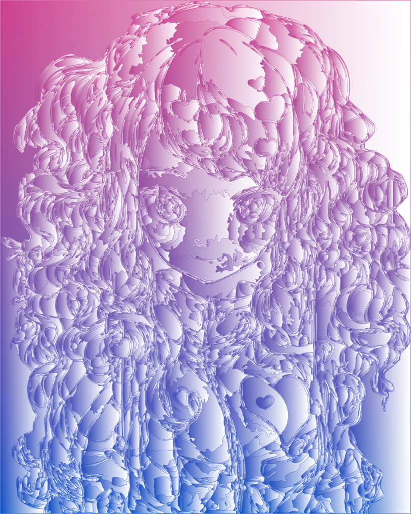 Cette image propose le portrait stylisé d’une jeune figure féminine, traité dans une esthétique à la fois numérique, ornementale et presque sculpturale. Le visage, centré et frontal, capte immédiatement le regard par ses grands yeux lumineux et son expression douce, presque suspendue, qui donne à l’ensemble une présence à la fois intime et irréelle.

L’œuvre se distingue par un traitement visuel très particulier : la figure semble entièrement composée de matière fluide, brillante et ciselée, comme si elle avait été modelée dans une substance entre le verre, le métal poli et la gélatine. Les contours, très détaillés, créent une impression de relief et de vibration, comme une surface en perpétuelle transformation.

La chevelure volumineuse, parcourue de boucles et de formes répétées, devient un véritable espace décoratif. Elle enveloppe le personnage dans une profusion de lignes sinueuses et de motifs, parmi lesquels apparaissent plusieurs cœurs, intégrés au vêtement comme à la chevelure. Ces éléments renforcent la dimension affective, tendre et presque ludique de l’image, tout en participant à son aspect foisonnant.

Le dégradé de fond, qui glisse du rose au violet puis au bleu, apporte une douceur chromatique qui contraste avec la densité du dessin. Cette palette pastel donne à l’œuvre une atmosphère rêveuse, entre tendresse, mélancolie légère et imaginaire pop. L’ensemble évoque une sensibilité contemporaine nourrie à la fois par les codes du portrait, de l’illustration numérique et d’un univers proche du fantasme ou de la mémoire affective.

Cette image peut ainsi être lue comme une exploration de l’identité sensible : un visage qui semble se construire à partir d’émotions, de souvenirs décoratifs et de signes intérieurs. Le personnage n’apparaît pas comme un simple portrait réaliste, mais comme une figure mentale, presque émotionnelle, façonnée par la douceur, la fragilité et l’ornement.