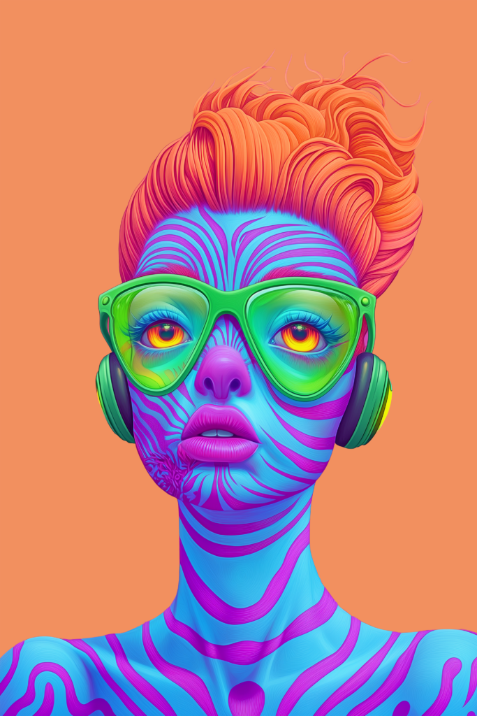 Cette œuvre présente un portrait frontal psychédélique où le regard reprend une place centrale. Mais contrairement à Fréquence intérieure, dont les yeux fermés suggéraient l’introspection et le retrait, le personnage est ici pleinement tourné vers le spectateur. Il regarde autant qu’il est regardé.

Le visage est recouvert d’un réseau de lignes magenta sur une peau bleu cyan, évoquant simultanément des zébrures, des ondes, des courbes topographiques ou des flux d’énergie. Ces motifs suivent les volumes du visage, du cou et du corps jusqu’à transformer la peau en véritable cartographie intérieure.

Les immenses lunettes vert fluorescent structurent fortement la composition. Leur transparence laisse apparaître deux yeux particulièrement intenses, dominés par des jaunes, oranges et rouges presque incandescents. Ce contraste donne au regard une présence inhabituelle : les yeux semblent contenir leur propre lumière.

La coiffure apporte une énergie différente. Ses volumes orange et rouges sont construits comme de longues vagues sculptées, presque liquides. Elle forme une sorte de couronne en mouvement qui contraste avec la parfaite frontalité du visage.

Le casque vert prolonge le thème de la perception déjà présent dans plusieurs œuvres de la galerie. Voir et entendre se rencontrent ici. Le personnage semble connecté simultanément au monde extérieur et à son propre univers sensoriel.

L'arrière-plan orange, parfaitement uniforme, supprime toute indication de lieu ou de temps. Rien ne détourne ainsi l'attention du personnage. Le portrait acquiert quelque chose de presque iconique : un individu transformé en présence chromatique pure.

Malgré l'extravagance des couleurs, l'expression reste énigmatique. La bouche légèrement entrouverte et les yeux largement ouverts donnent l'impression d'un instant suspendu, situé quelque part entre étonnement, attention et contemplation.