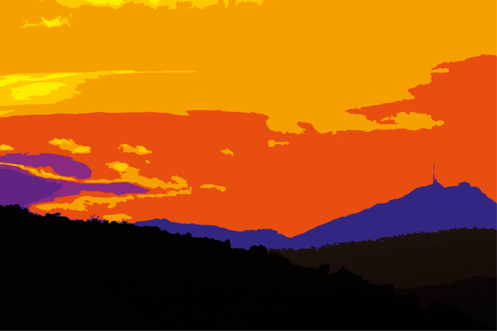 Cette œuvre donne au paysage une intensité presque tellurique. La montagne n’apparaît plus comme un simple relief naturel, mais comme une présence dense, silencieuse, découpée dans une lumière en fusion. Le ciel, saturé d’orange et de jaune, semble embraser l’espace tout entier, tandis que les nuances violettes et sombres des masses terrestres introduisent une tension entre chaleur et retrait, éclat et obscurité.
La composition repose sur de grands aplats colorés qui simplifient le réel pour en faire émerger l’essentiel : une ligne d’horizon, une montée, une présence lointaine. Au sommet, la fine silhouette verticale agit comme un point d’appel, presque un signe, donnant au paysage une dimension mentale autant que visuelle.
L’œuvre oscille ainsi entre figuration et abstraction. Elle ne cherche pas à reproduire fidèlement un lieu, mais à faire ressentir un état du monde : celui d’une nature traversée par une énergie puissante, suspendue entre calme et embrasement.