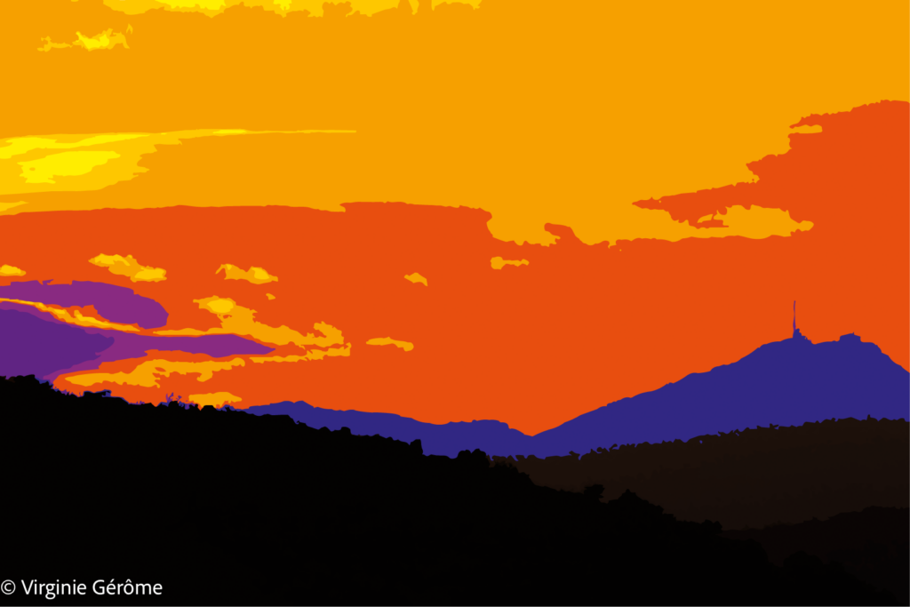 Cette œuvre donne au paysage une intensité presque tellurique. La montagne n’apparaît plus comme un simple relief naturel, mais comme une présence dense, silencieuse, découpée dans une lumière en fusion. Le ciel, saturé d’orange et de jaune, semble embraser l’espace tout entier, tandis que les nuances violettes et sombres des masses terrestres introduisent une tension entre chaleur et retrait, éclat et obscurité.

La composition repose sur de grands aplats colorés qui simplifient le réel pour en faire émerger l’essentiel : une ligne d’horizon, une montée, une présence lointaine. Au sommet, la fine silhouette verticale agit comme un point d’appel, presque un signe, donnant au paysage une dimension mentale autant que visuelle.

L’œuvre oscille ainsi entre figuration et abstraction. Elle ne cherche pas à reproduire fidèlement un lieu, mais à faire ressentir un état du monde : celui d’une nature traversée par une énergie puissante, suspendue entre calme et embrasement.