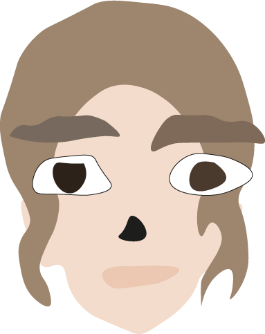 Cette image présente Lior sous la forme d’un portrait frontal très épuré, presque comme un masque graphique.

Le visage occupe tout l’espace. Il est construit avec des formes simples, larges et nettes, sans texture ni modelé réaliste. La peau claire contraste avec les cheveux brun beige qui encadrent le visage en une masse souple et régulière. Les deux mèches latérales descendent de manière légèrement asymétrique, ce qui évite une impression trop parfaite.

Les yeux sont l’élément dominant. Très grands, très ouverts, ils donnent à Lior une présence attentive, presque constamment en alerte. Leur dessin volontairement irrégulier crée une expression particulière : elle semble à la fois curieuse, méfiante et en train d’écouter quelque chose que nous ne percevons pas. Cette sensation correspond bien à son rapport aux voix et aux mensonges : le regard est visible, mais l’attention semble dirigée ailleurs.

Les sourcils épais renforcent cette tension. Leur forme légèrement différente d’un côté à l’autre introduit une petite dissonance dans le visage. Rien n’est totalement symétrique, comme si l’image elle-même contenait déjà une fausse note.

Le nez, réduit à une forme noire presque abstraite, rompt fortement avec la douceur des autres couleurs. Il agit comme un point graphique central, tandis que la bouche très discrète, dans une teinte pêche pâle, donne l’impression que Lior retient davantage qu’elle n’exprime.

La palette reste volontairement restreinte : beige, brun, crème, blanc, noir et rose pâle. Cette économie de couleurs produit une sensation de calme, mais un calme légèrement artificiel. Le visage paraît propre, ordonné, presque trop sage — ce qui peut évoquer visuellement la normalisation de Lior.

Artistiquement, l’image se situe entre portrait vectoriel, illustration naïve et personnage de dessin animé. Sa simplicité lui donne une force particulière : elle ne cherche pas le réalisme, elle cherche la lisibilité émotionnelle.