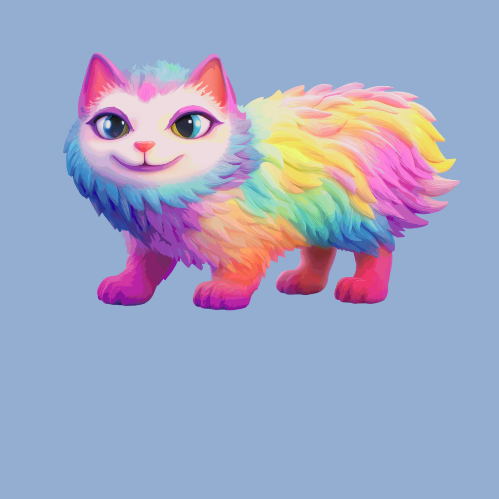 Cette créature féline semble née d’un mélange de douceur, de couleur et d’imaginaire. Son pelage se déploie comme une matière lumineuse où se rencontrent le rose, le jaune, le bleu, le vert, l’orange et le violet, sans qu’aucune teinte ne cherche à dominer les autres.

Son visage clair et ses grands yeux brillants lui donnent une présence à la fois tendre, curieuse et légèrement mystérieuse. Le sourire discret introduit une forme de malice, comme si la créature observait le monde selon ses propres règles.

La profusion des couleurs contraste avec la simplicité du fond bleu, qui laisse toute la place à cette silhouette généreuse et foisonnante. Les mèches superposées créent un mouvement continu, presque vivant, donnant l’impression que la couleur circule à travers son corps.

Lumière indocile évoque ainsi une identité qui refuse l’uniformité. Ici, la différence n’est ni dissimulée ni expliquée : elle devient matière, énergie et présence.

Sous son apparence joyeuse et presque enfantine, l’œuvre célèbre la liberté d’être multiple, changeant et impossible à réduire à une seule couleur.