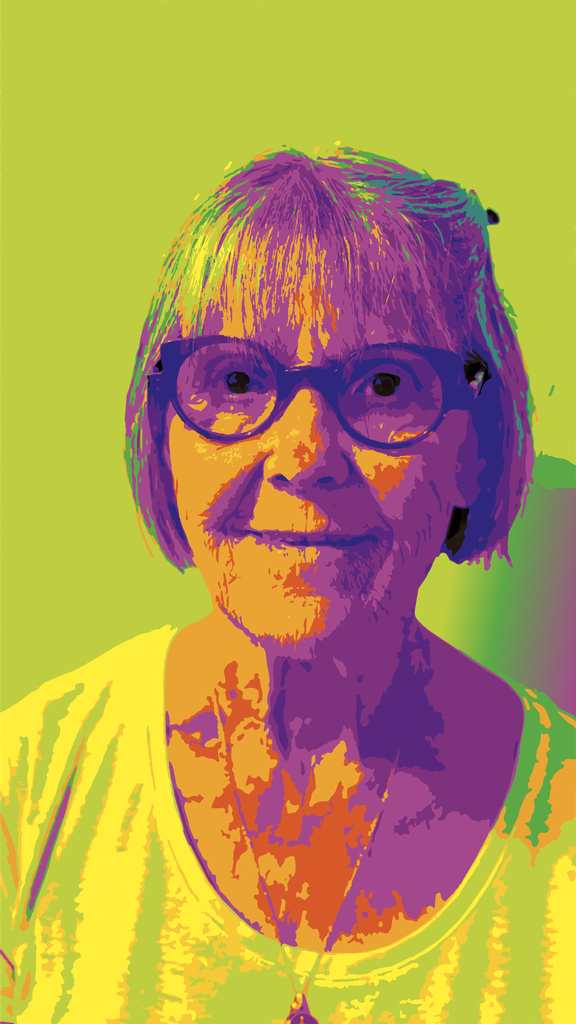 Le visage, placé au centre de la composition, est traité par de larges aplats de violet, magenta, orange et jaune. La couleur abandonne sa fonction réaliste : elle ne décrit plus simplement la peau ou la lumière, mais redessine les volumes et donne au portrait sa propre identité graphique. Les ombres violettes côtoient des éclats orange et jaunes, créant une lumière artificielle particulièrement expressive.

Les lunettes bleu-violet jouent un rôle essentiel dans la composition. Elles encadrent le regard et deviennent presque une forme géométrique posée sur le visage. Derrière elles, les yeux restent très présents et instaurent une relation directe avec le spectateur.

La chevelure constitue une autre zone particulièrement expressive. Les mèches sont fragmentées en violet, rose, vert, jaune et turquoise, produisant une texture qui rappelle à la fois la sérigraphie et les coups de pinceau. Cette fragmentation apporte du mouvement à un portrait dont la pose reste pourtant calme.

Le vêtement, dominé par un jaune lumineux presque fluorescent, se détache fortement des violets du visage. L’arrière-plan vert-jaune, volontairement uniforme, élimine presque toute notion de lieu. Le modèle semble ainsi sortir du contexte quotidien pour devenir une figure graphique autonome.

Contrairement à certaines œuvres Pop Art fondées sur l’exagération ou la provocation, celle-ci conserve une forme de douceur et de retenue. Le léger sourire, le regard posé et la frontalité du portrait apportent une présence humaine tranquille que les couleurs intenses ne viennent pas effacer.

L’œuvre joue ainsi sur une dualité : la douceur d’une présence face à l’exubérance de sa représentation. Le réel demeure reconnaissable, mais il est libéré de ses couleurs naturelles pour entrer dans un univers plus instinctif, lumineux et psychédélique.