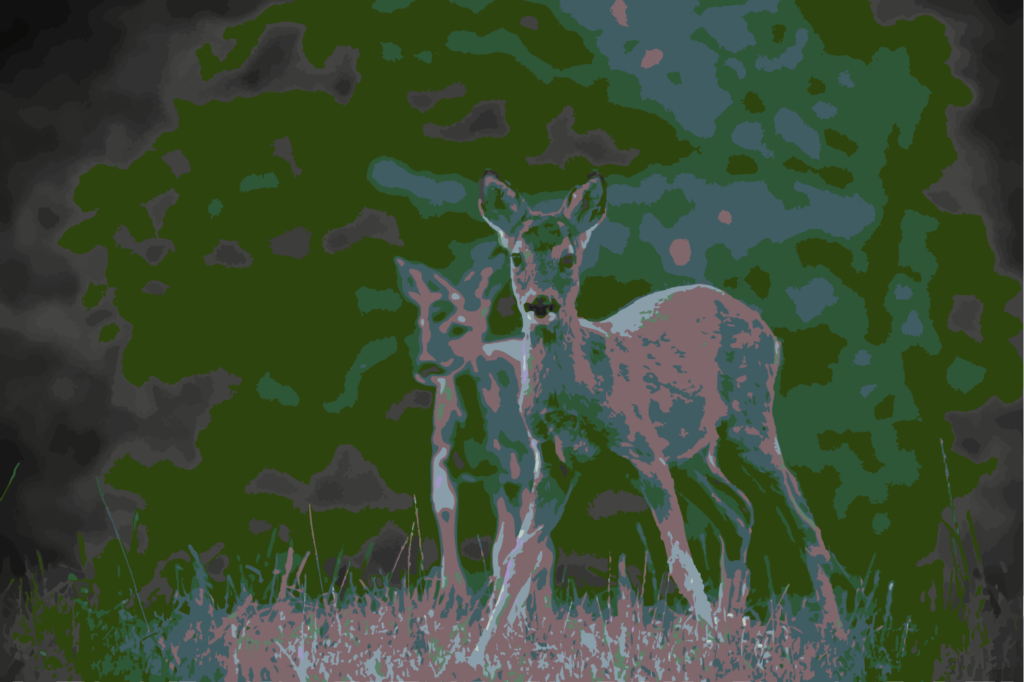 Deux silhouettes animales émergent d’un environnement dense, presque abstrait, comme si elles apparaissaient à la surface d’un paysage devenu matière.

Le traitement graphique transforme la scène naturelle en une composition de masses, de fragments et de couleurs sourdes. Les formes des animaux se détachent sans jamais se séparer complètement du fond : leurs corps semblent faits de la même substance que le végétal qui les entoure.

Le regard frontal du premier animal crée un point d’arrêt immédiat. À ses côtés, l’autre figure introduit un léger décalage, une présence plus latérale, presque protectrice. Ensemble, elles construisent une relation silencieuse, sans narration imposée, où proximité et vigilance coexistent.

L’œuvre ne cherche pas à reproduire fidèlement la nature. Elle la transforme en un espace de perception où les frontières entre les êtres et leur environnement deviennent instables. Les couleurs inattendues, les simplifications de formes et la profondeur assombrie donnent à cette rencontre une dimension presque mentale.

Présences jumelles évoque ainsi un vivant qui ne se contente plus d’être observé : il semble regarder à son tour, occuper pleinement l’image et imposer sa propre présence.
