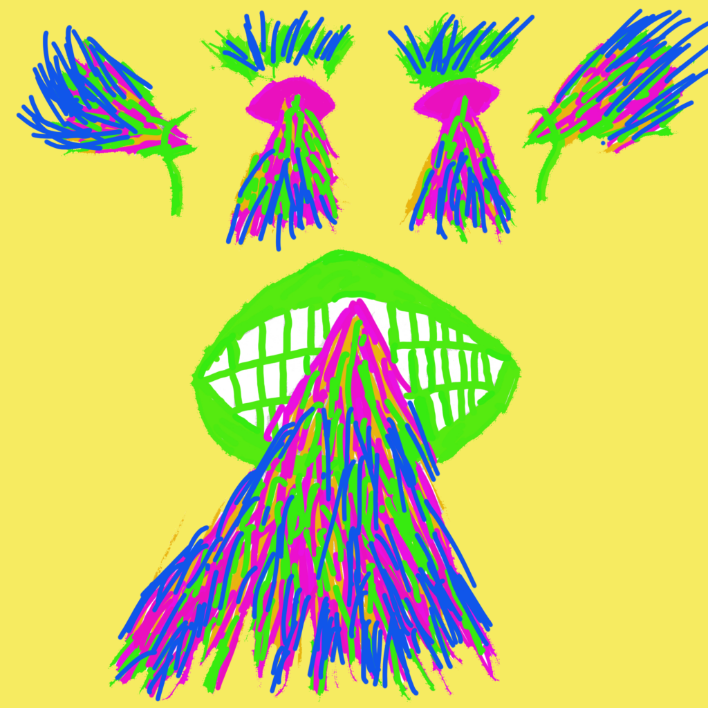 Cette œuvre se construit comme un visage éclaté en signes colorés, où les éléments du portrait semblent flotter dans l’espace plutôt que se fixer dans une forme réaliste. Les yeux, les sourcils et la bouche sont dissociés, presque autonomes, tandis qu’une longue masse centrale descend comme une chevelure, un voile ou une coulée d’énergie. Le dessin joue sur une simplification extrême des formes, mais cette apparente naïveté est contrebalancée par une composition très affirmée.

La palette est vive, presque électrique : le jaune du fond agit comme un champ lumineux sur lequel le rose, le vert et le bleu vibrent avec intensité. Les traits répétés donnent une impression de mouvement, de pulsation, comme si le visage était traversé par une énergie intérieure débordante. La bouche, très présente avec sa grille blanche, attire particulièrement le regard et introduit une tension entre sourire, masque et enfermement.

L’image oscille ainsi entre joie visuelle et étrangeté expressive. Elle évoque un personnage pop, instinctif, presque totémique, qui existe à la frontière du dessin enfantin, de l’art brut et d’une sensibilité numérique très contemporaine. C’est une figure qui semble autant se révéler que se dissimuler derrière l’explosion de ses propres couleurs.
