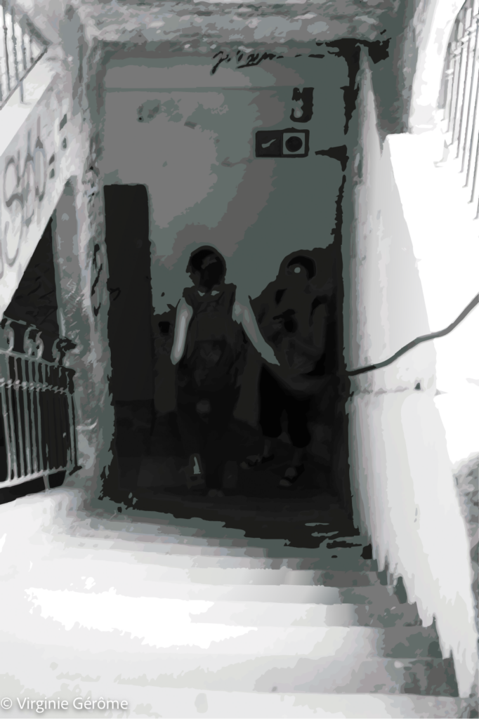 Un escalier s’enfonce vers un espace presque entièrement absorbé par l’ombre. Deux silhouettes y apparaissent de dos, engagées dans un passage étroit où la lumière semble progressivement disparaître. Leur présence humaine reste discrète, presque anonyme, mais elle donne à l’image une dimension immédiatement narrative : quelque chose est en train d’être traversé.

La composition repose sur une opposition très forte entre les zones blanches du premier plan et la masse sombre qui occupe le centre de l’image. La lumière extérieure paraît franche, presque excessive, tandis que l’intérieur se referme dans une obscurité dense. Entre les deux, l’escalier devient un seuil.

Le traitement graphique simplifie les volumes et réduit la scène à de grandes masses de gris, de blanc et de noir. Les détails disparaissent au profit de la structure, du mouvement et de la tension entre visible et invisible. Les personnages eux-mêmes se fondent partiellement dans l’ombre, comme s’ils perdaient peu à peu leur individualité en pénétrant dans cet espace.

L’image peut alors être regardée comme une scène de passage : quitter la lumière pour entrer dans l’inconnu, descendre vers quelque chose que l’on ne distingue pas encore. L’obscurité n’est pas nécessairement menaçante ; elle devient un territoire indéterminé, un endroit où le regard ne peut plus tout saisir.

Dans cette œuvre, ombre et lumière ne sont donc pas seulement des éléments visuels. Elles organisent l’espace et donnent à l’image sa dimension symbolique : celle d’un déplacement entre deux états, deux espaces, peut-être même deux manières de percevoir.