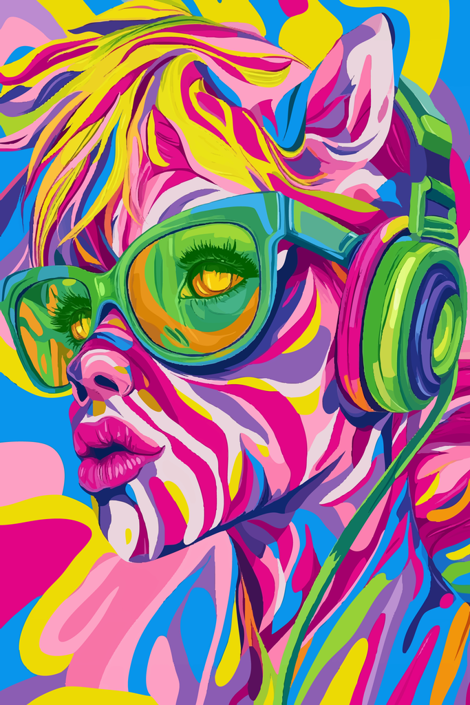 Cette œuvre pousse encore plus loin l’identité Pop Art psychédélique de la série. Ici, la couleur n’est plus seulement appliquée au personnage : elle semble avoir entièrement absorbé son corps, ses vêtements et son environnement jusqu’à faire disparaître la frontière entre portrait et abstraction.

Le personnage est représenté de trois quarts, le regard dirigé vers le haut et hors du cadre. Cette orientation crée immédiatement une sensation de projection, comme si son attention était attirée par quelque chose que le spectateur ne peut pas voir.

Les lunettes vertes surdimensionnées structurent le visage et concentrent le regard. Derrière leurs verres apparaissent des yeux aux tonalités jaunes et orangées, presque félines. Ils constituent de petits foyers lumineux au milieu d'une composition extrêmement dense.

Le casque audio, lui aussi vert, poursuit un thème déjà présent dans la série : celui de la perception. Mais cette fois, voir et écouter semblent provoquer une véritable explosion visuelle. Le son pourrait presque être à l'origine des formes qui envahissent le personnage.

Le visage est parcouru de bandes roses, blanches, violettes, jaunes et bleues, proches de zébrures mais suffisamment irrégulières pour devenir des courants graphiques. Elles traversent également les cheveux, le cou et les vêtements avant de se prolonger dans l'arrière-plan. Il devient alors difficile de déterminer exactement où finit le personnage et où commence son environnement.

Cette fusion est l'un des éléments les plus intéressants de l'image. Contrairement à plusieurs portraits précédents où un fond uni isolait la figure, ici tout appartient au même mouvement chromatique. Le personnage semble littéralement immergé dans la couleur.

La chevelure jaune, rose et bleue ajoute encore une impression de mouvement. Les mèches sont étirées comme si elles étaient soumises à un souffle, à une accélération ou à une vibration musicale. Même les grandes oreilles pointues participent à cette transformation et donnent au personnage une dimension hybride et fantastique.

L'ensemble possède une énergie beaucoup plus explosive que Fréquence intérieure. Là où cette dernière évoquait l'écoute comme espace de calme et d'introspection, cette œuvre pourrait représenter l'instant où la sensation intérieure déborde vers l'extérieur.