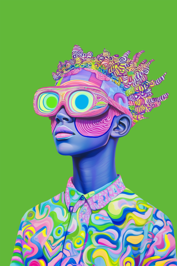 Cette œuvre plonge pleinement dans un univers Pop Art psychédélique et néo-futuriste, où le portrait devient une construction graphique exubérante, presque sculpturale. Le personnage semble appartenir à un monde dans lequel la couleur, la mode et l’imaginaire ont remplacé les codes du réel.

Le visage, traité dans une gamme de bleus électriques et de violets, possède une apparence lisse et presque irréelle. Les lignes roses qui parcourent les joues évoquent des ondes, des empreintes ou des flux d’énergie, donnant l’impression que la couleur circule directement sous la surface du personnage.

Les lunettes surdimensionnées constituent le point focal de l’œuvre. Leurs formes organiques, composées de multiples lignes roses, jaunes et blanches, encadrent deux verres aux couleurs différentes. Elles ne sont plus seulement un accessoire : elles deviennent presque un instrument permettant de regarder le monde autrement. Leur disproportion renforce également l’aspect rétrofuturiste du portrait.

La chevelure prolonge cette extravagance. Constituée d’une multitude de formes torsadées et spiralées, elle ressemble à une couronne organique en mouvement. Les motifs rayés, les boucles et les excroissances créent une silhouette spectaculaire qui oscille entre coiffure, sculpture et végétation fantastique.

Le vêtement participe pleinement à cette profusion visuelle. Sa surface est couverte de formes fluides et ondulantes dans lesquelles se rencontrent rose, turquoise, vert acide, jaune, bleu et blanc. Ces motifs rappellent les expérimentations graphiques psychédéliques des années 1960 et 1970, réinterprétées ici avec une esthétique numérique contemporaine.

L’arrière-plan vert vif et parfaitement uniforme joue un rôle essentiel : il élimine tout contexte et isole complètement le personnage. Cette simplicité permet à la richesse des motifs et des couleurs de prendre toute sa puissance.

Malgré cette abondance visuelle, l’attitude du personnage reste calme, digne et presque contemplative. Le visage légèrement relevé contraste avec l’exubérance des lunettes, de la coiffure et du vêtement. Cette opposition donne à l’œuvre une présence particulière : le personnage ne semble pas déguisé par la couleur, mais habiter naturellement cet univers extraordinaire.

L’ensemble se situe à la rencontre du Pop Art, du psychédélisme, de la mode expérimentale et du surréalisme numérique. C'est un portrait dans lequel l'identité ne cherche plus à être reproduite fidèlement : elle est amplifiée, transformée et libérée par la couleur.