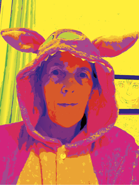 Cette image présente un portrait frontal, très expressif, traité comme une illustration pop-art psychédélique. Le visage occupe presque tout le cadre et devient le point d’ancrage de la composition.

La palette est volontairement électrique et irréaliste : jaune citron, orange incandescent, rose fuchsia, rouge, violet, magenta et touches de bleu profond se superposent sans chercher à reproduire les couleurs naturelles. Les ombres et les lumières sont elles-mêmes colorées, donnant au visage une dimension presque picturale.

La personne porte une capuche violette ou magenta ornée de grandes oreilles de renard ou de créature fantastique, ce qui introduit immédiatement une dimension ludique et féerique. Le vêtement jaune-orange sous la capuche crée un contraste complémentaire particulièrement fort avec les violets et les roses.

Le traitement graphique évoque une sérigraphie contemporaine ou une affiche pop-art, avec des aplats de couleurs, des contours irréguliers et des textures granuleuses. Certaines zones semblent presque peintes au pinceau, tandis que d'autres rappellent une impression en plusieurs passages de couleur. Les imperfections deviennent ainsi une partie intégrante de l'esthétique.

À l'arrière-plan, des éléments végétaux vert-jaune apparaissent sur la gauche, tandis qu'une petite illustration ou un visage dessiné est visible derrière la personne à droite. Ces détails donnent l'impression que le portrait se situe dans un univers artistique vivant, plutôt que dans un simple décor.

L'expression est calme, presque contemplative. Le regard dirigé vers le spectateur contraste avec l'explosion chromatique environnante. C'est précisément ce contraste qui donne à l'image sa personnalité : un visage humain relativement paisible au milieu d'un monde de couleurs presque fantastique.