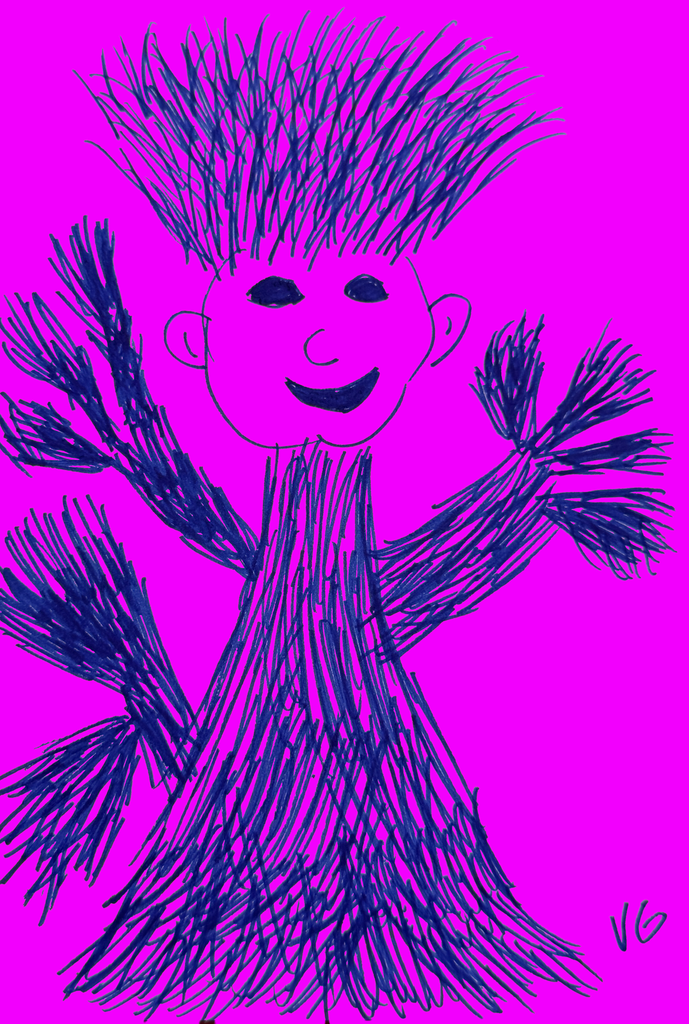 La figure semble avoir poussé plutôt qu’avoir été dessinée. Son corps, ses bras et ses cheveux se construisent par une accumulation de traits qui s’étirent, se croisent et se ramifient jusqu’à évoquer des branches, des racines ou une végétation en pleine expansion.

Au centre de cette agitation graphique, le visage reste étonnamment simple et calme. Le sourire crée un contraste avec le foisonnement qui l’entoure : comme si une présence paisible habitait un corps incapable de rester contenu dans ses propres limites.

Le rose fluorescent du fond ne joue pas le rôle d’un décor. Il transforme l’espace en surface vibrante et accentue la force presque électrique du bleu sombre. La silhouette paraît ainsi surgir directement de la couleur, sans profondeur ni environnement auquel se rattacher.

Les formes qui prolongent les bras peuvent être perçues comme des mains, des pousses, des bouquets ou de nouvelles ramifications. Elles rendent l’anatomie volontairement incertaine : le personnage devient moins un individu représenté qu’un organisme imaginaire en train de se multiplier.

L’œuvre donne ainsi l’impression d’une **identité qui déborde de sa propre forme**, joyeuse, indisciplinée et impossible à réduire à un contour unique.
